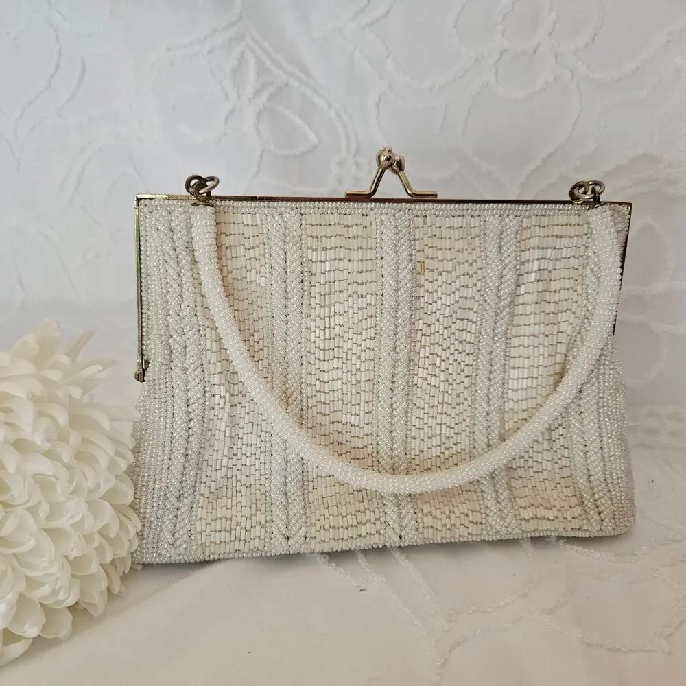 Vintage Walborg White Beaded Kiss Lock Evening Bag